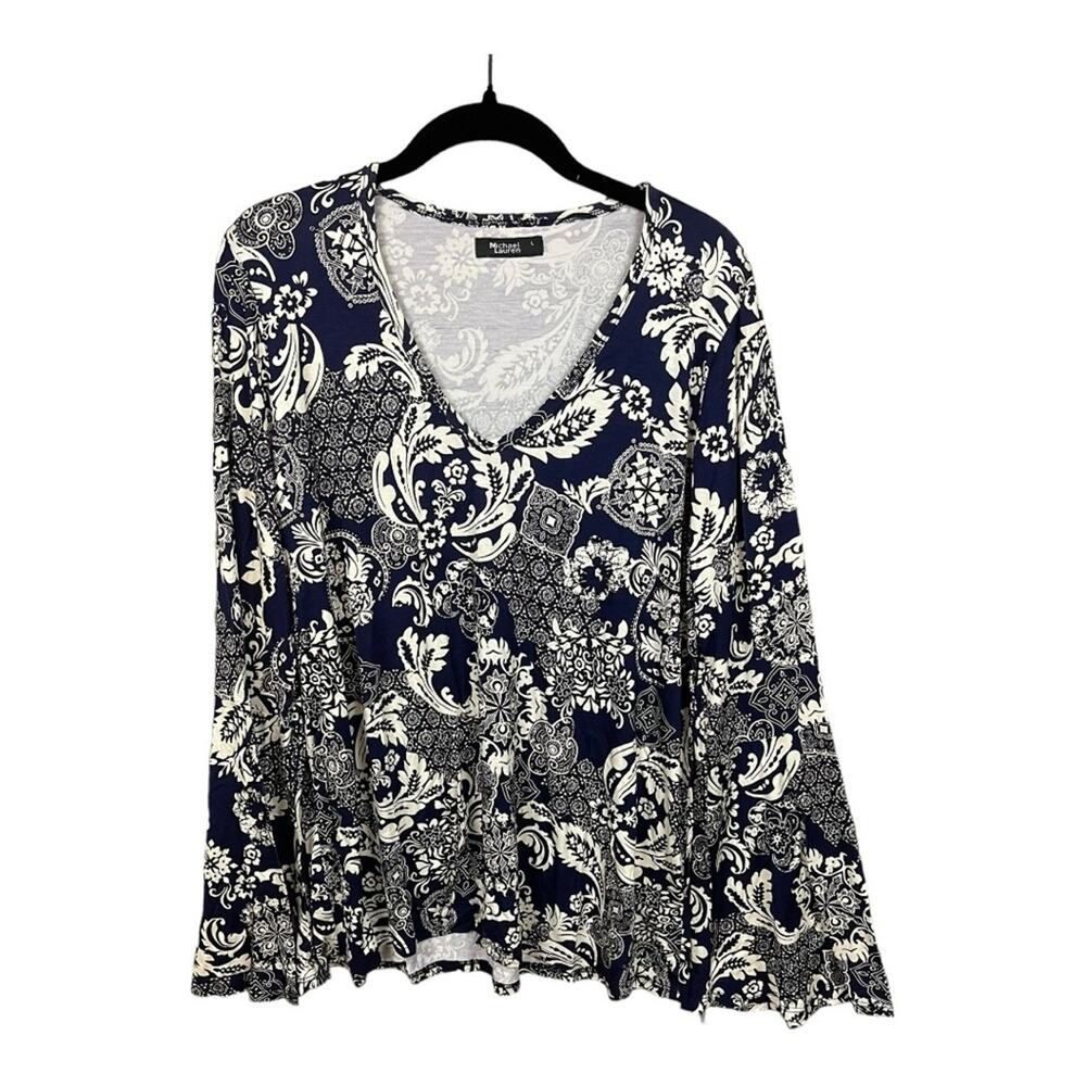 Michael Lauren Oak Bell Long Sleeve Top In Navy Blue and White Size L NWT - Picture 1 of 8